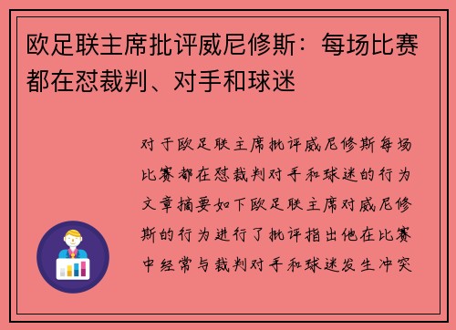 欧足联主席批评威尼修斯：每场比赛都在怼裁判、对手和球迷